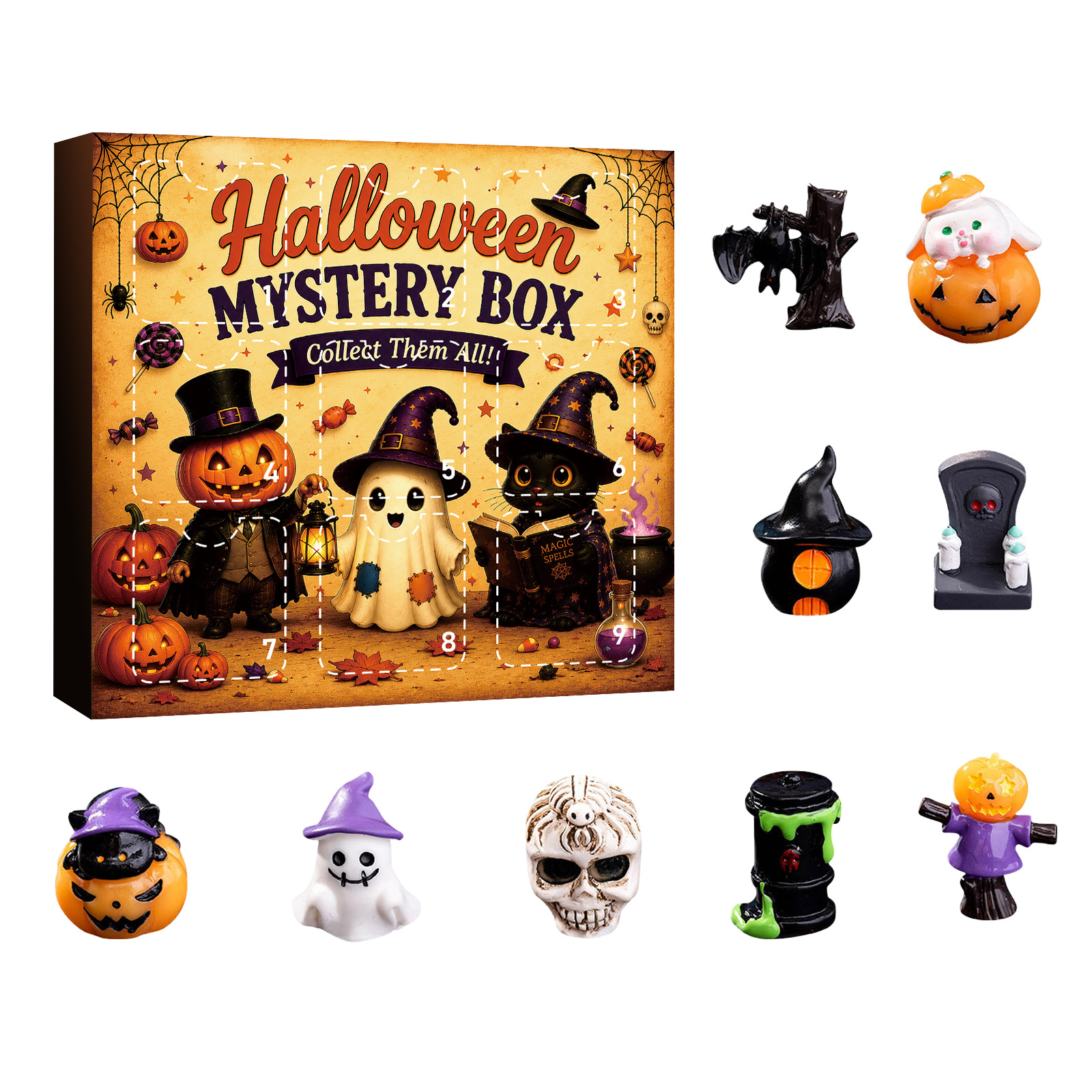 Halloween 9Grid Advent Calendar Blind Box Ghost Pumpkin Resin Ornament