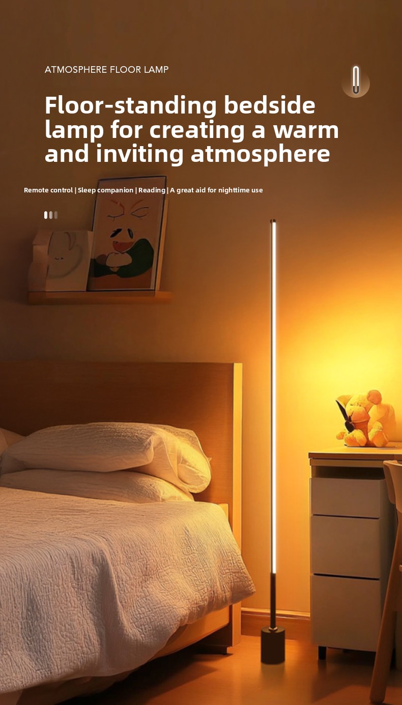 Slim LED corner floor lamp in a bedroom