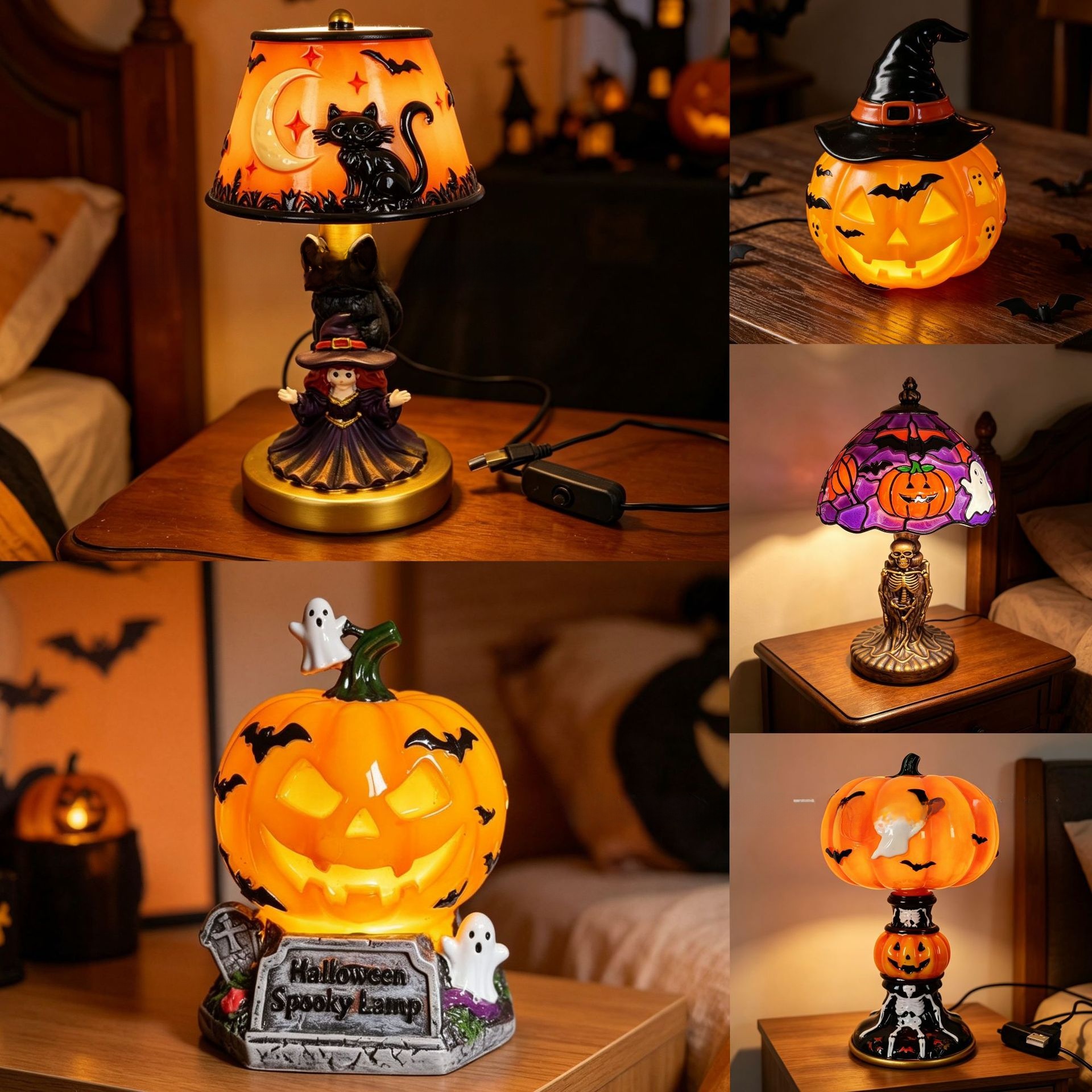 Halloween Glowing Pumpkin Ghost Bat Resin Table Lamp