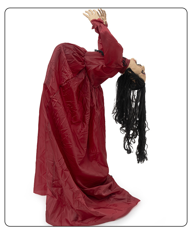 Red-Clothed Female Ghost Halloween Prop with Sound and Motion Activation