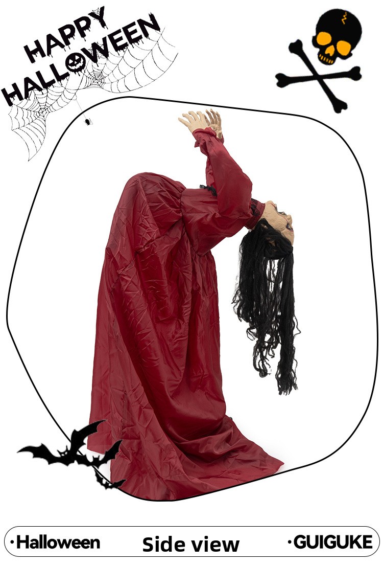 Red-Clothed Female Ghost Halloween Prop with Sound and Motion Activation