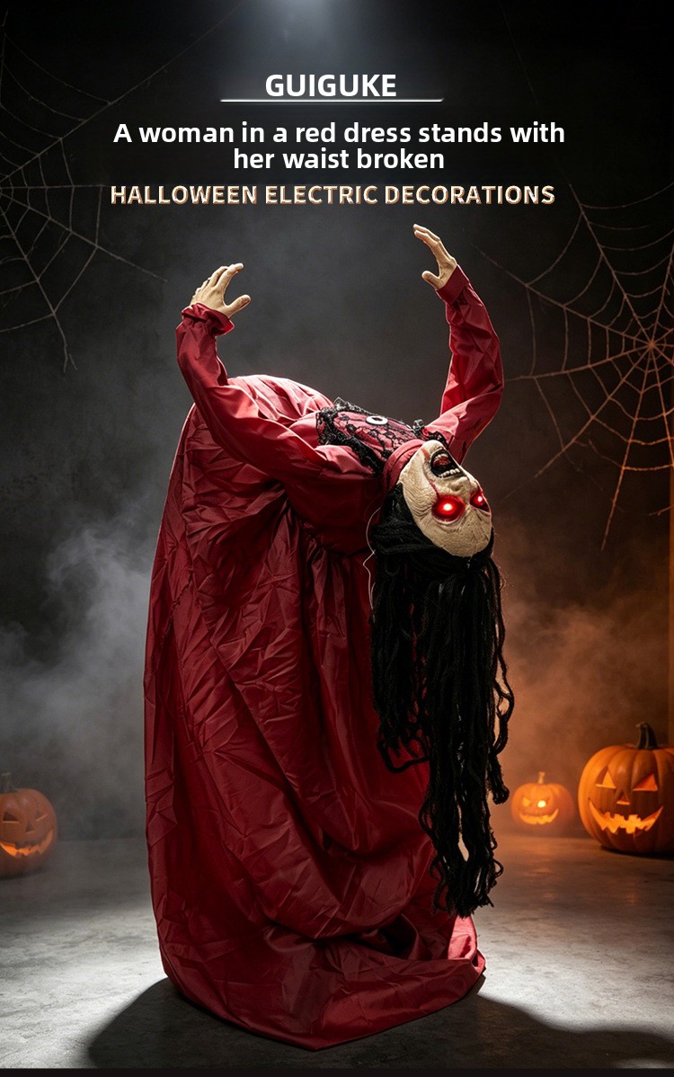Red-Clothed Female Ghost Halloween Prop with Sound and Motion Activation