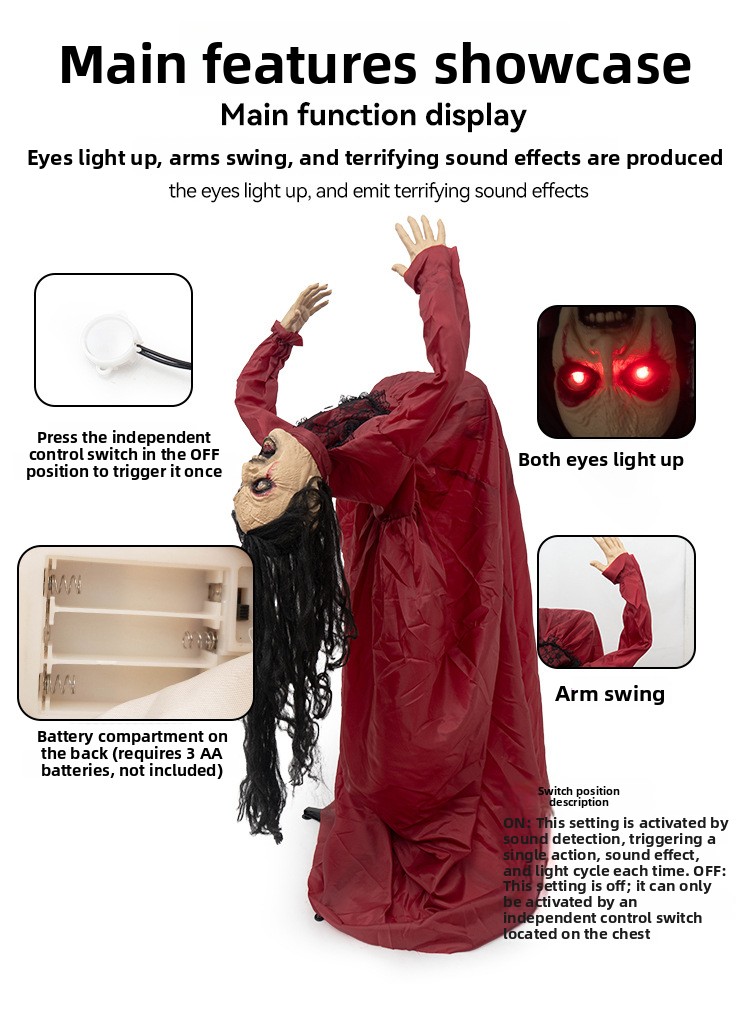 Red-Clothed Female Ghost Halloween Prop with Sound and Motion Activation