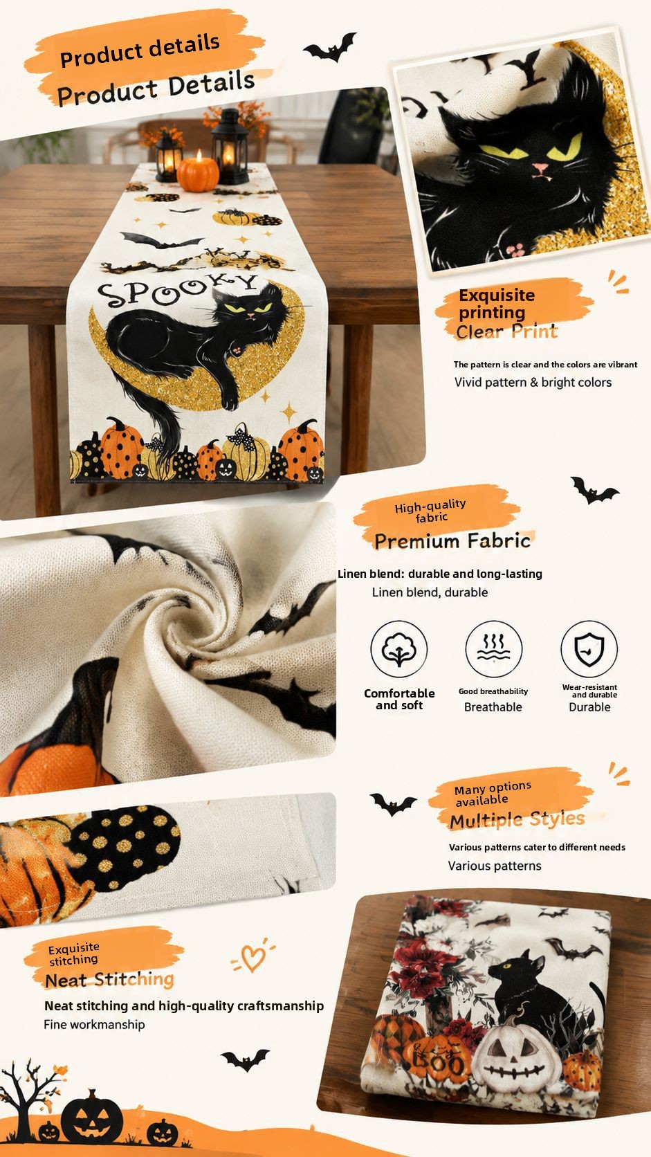 Halloween Pumpkin Ghost Linen Table Runner