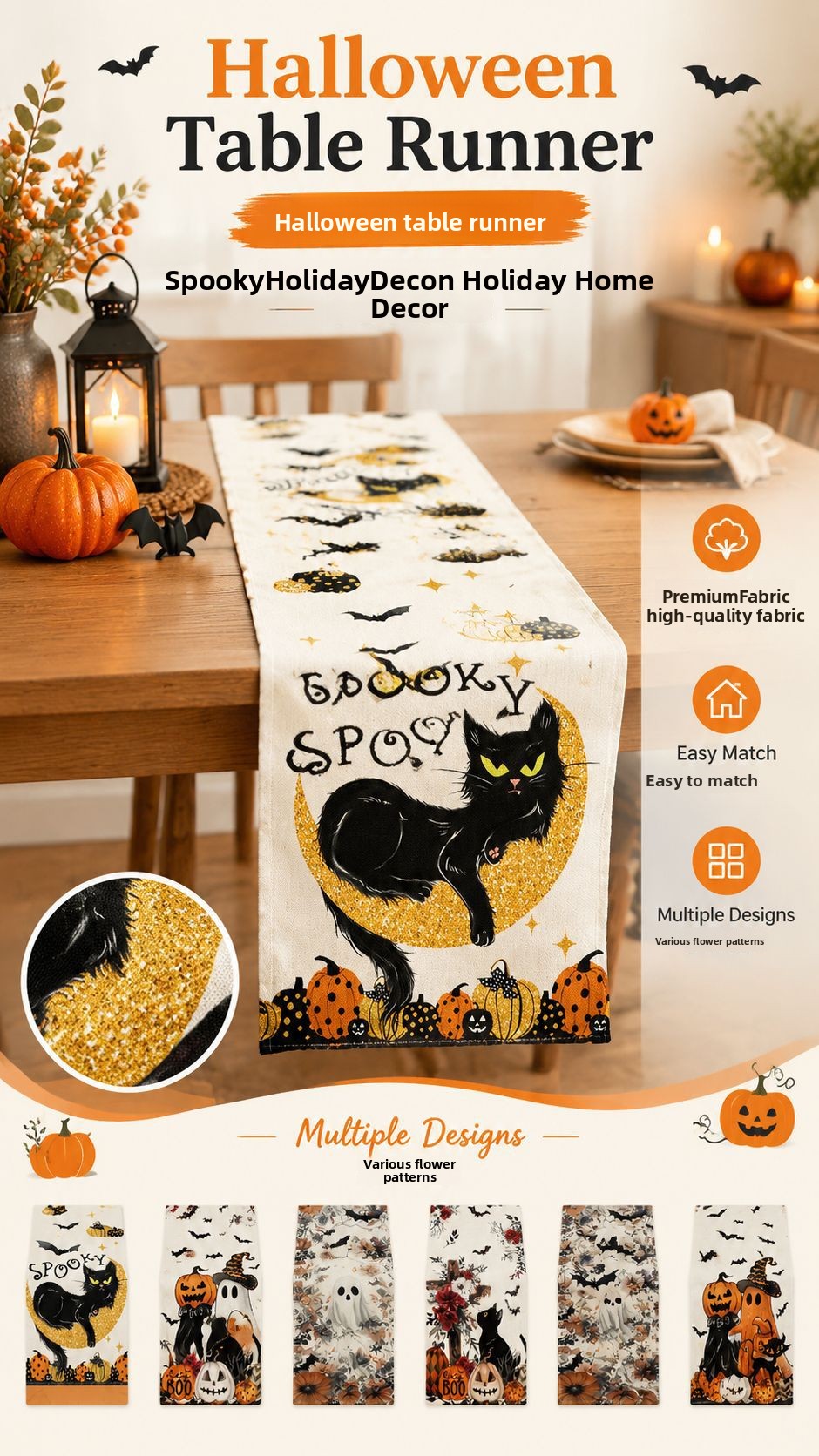 Halloween Pumpkin Ghost Linen Table Runner