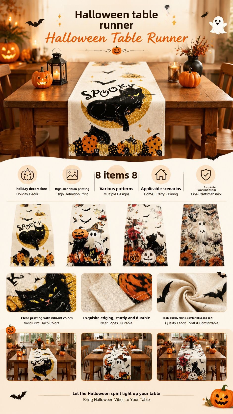 Halloween Pumpkin Ghost Linen Table Runner
