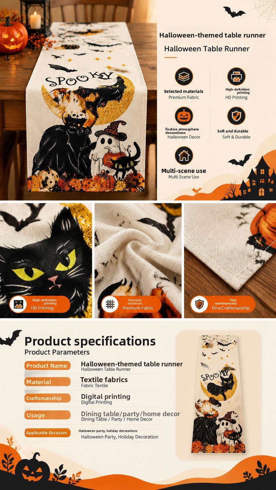Halloween Pumpkin Ghost Linen Table Runner