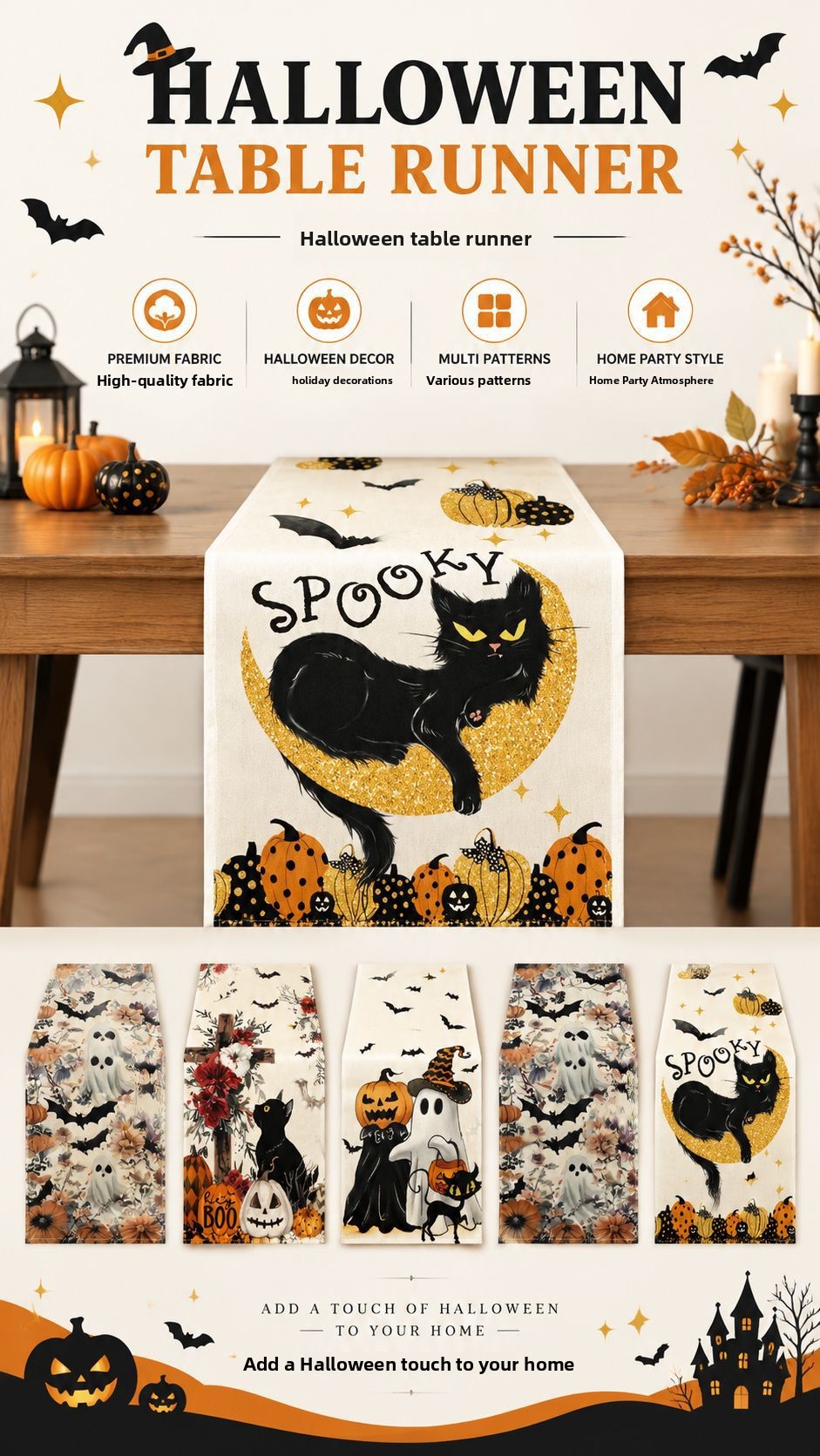 Halloween Pumpkin Ghost Linen Table Runner