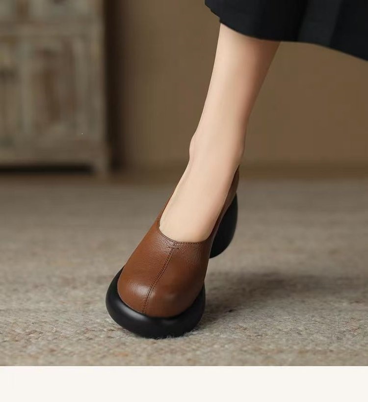 Womens Soft Sole Leather Loafers Thick Platform Chunky Heel Shoes