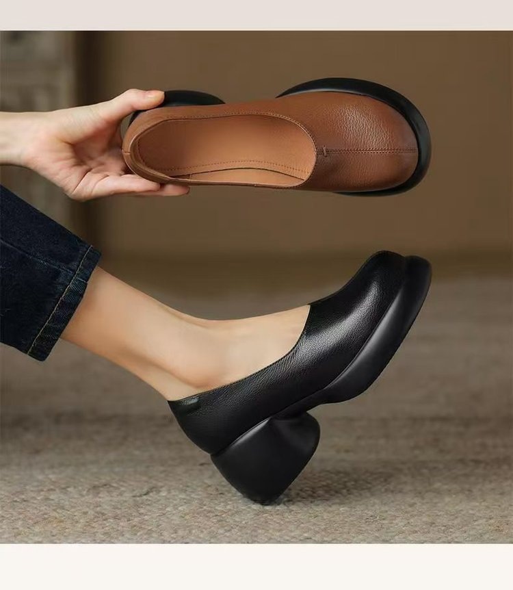 Womens Soft Sole Leather Loafers Thick Platform Chunky Heel Shoes