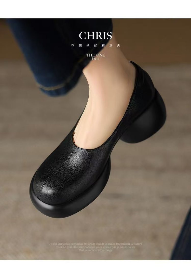 Womens Soft Sole Leather Loafers Thick Platform Chunky Heel Shoes