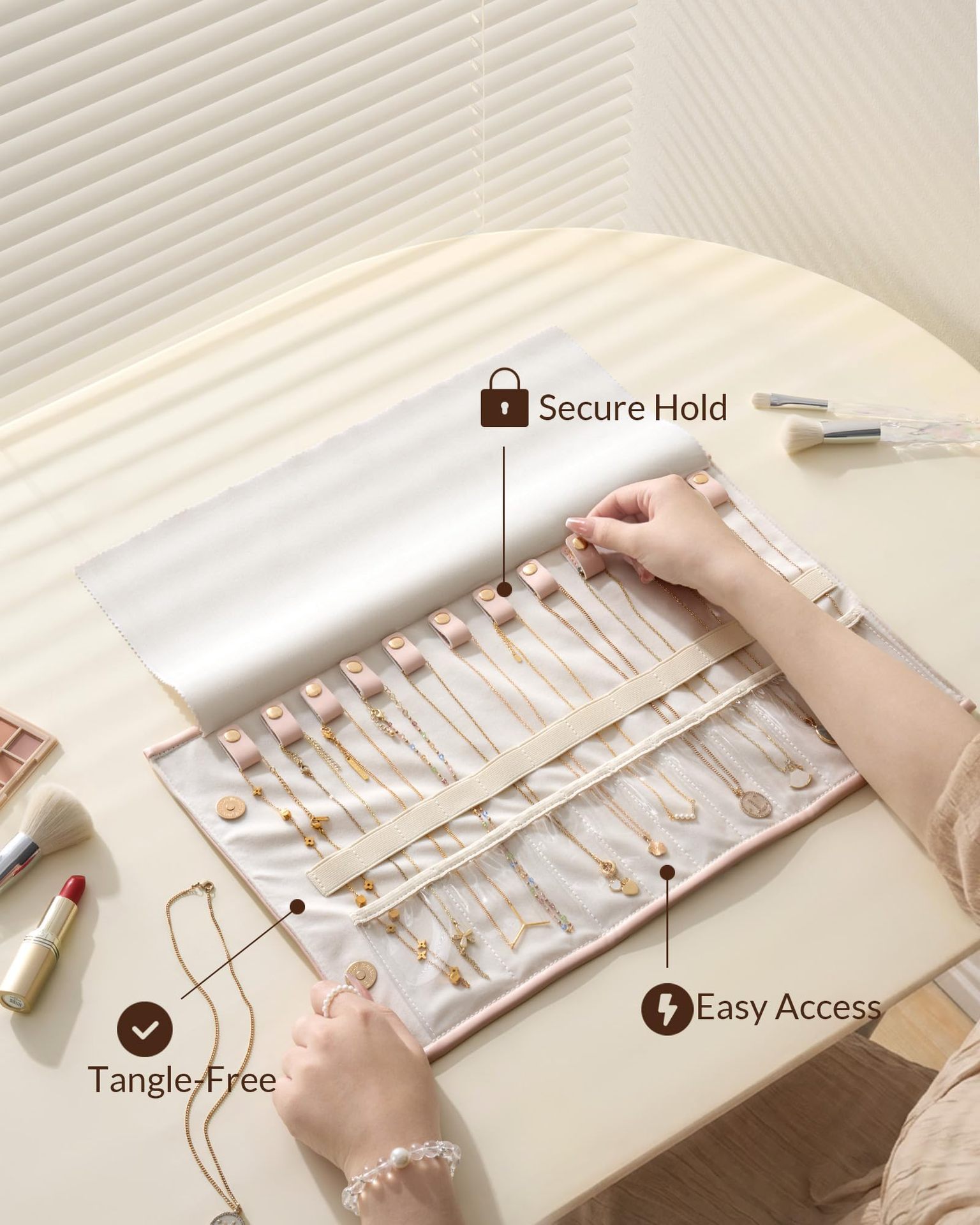 Foldable Leather Necklace Storage Organizer Roll-Up Travel Jewelry Bag
