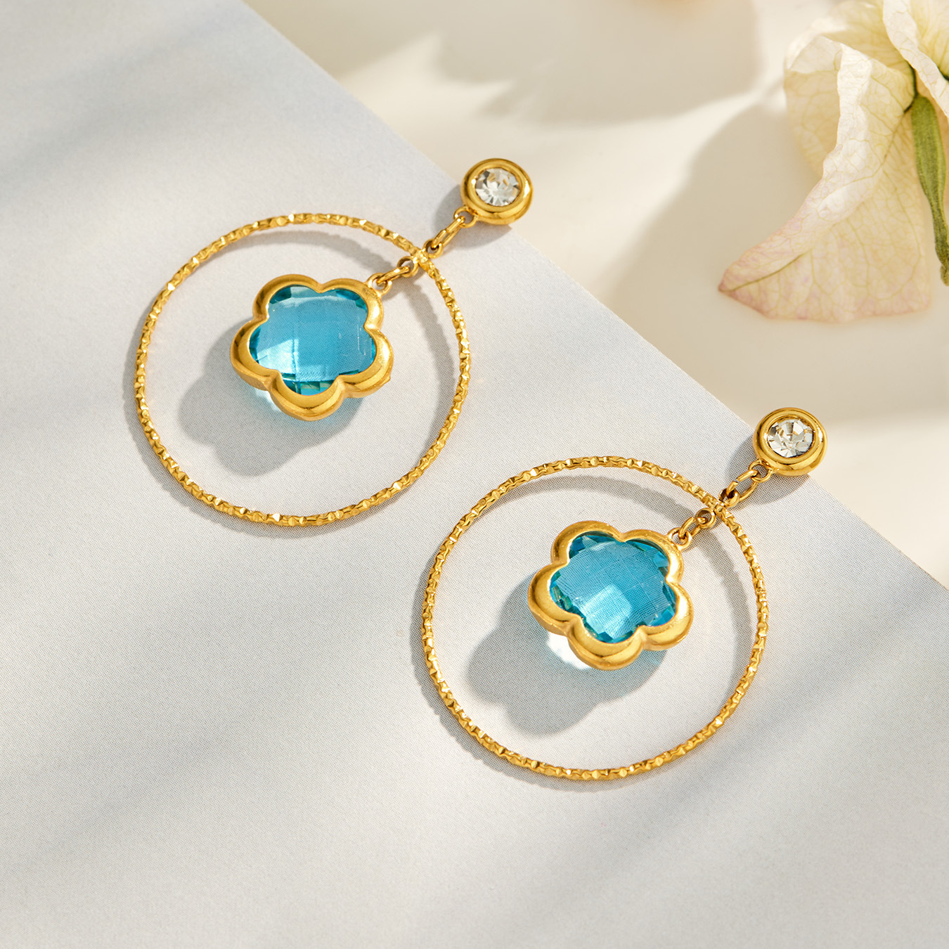 Large circle flower-shaped glass stone long earrings