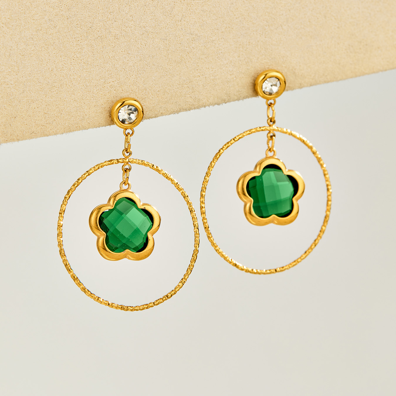 Large circle flower-shaped glass stone long earrings