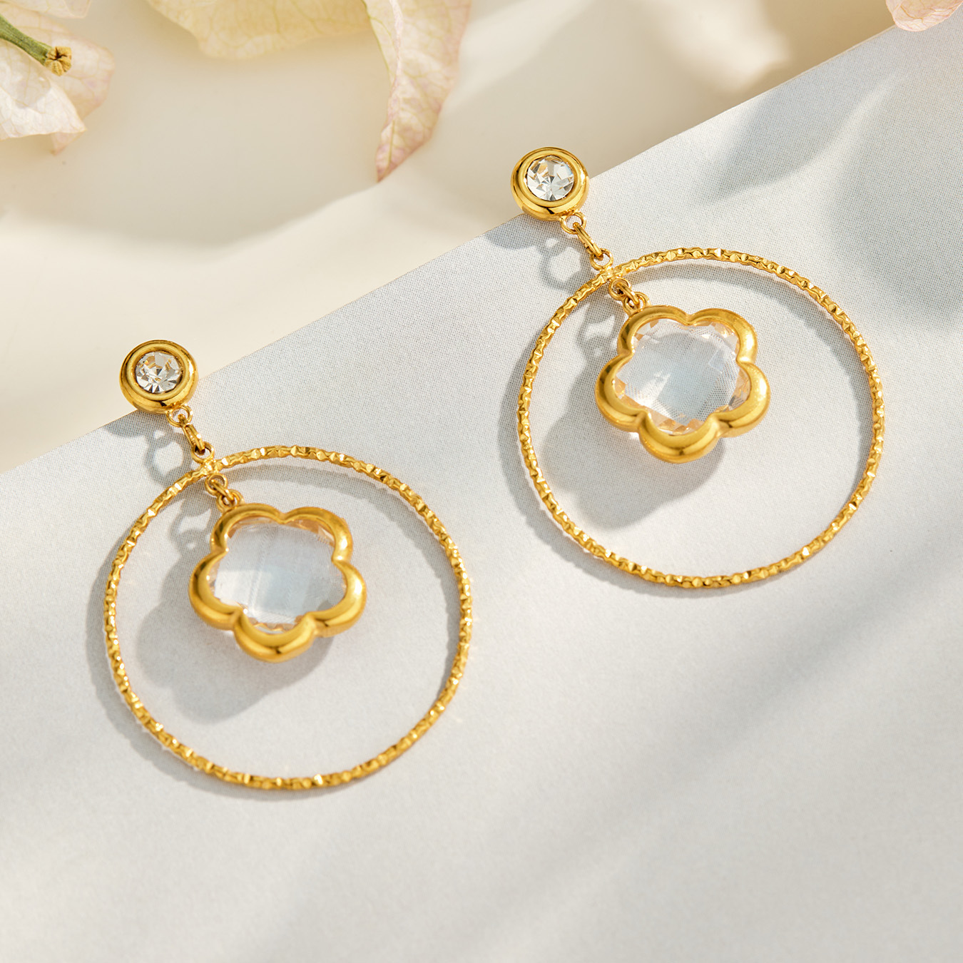 Large circle flower-shaped glass stone long earrings