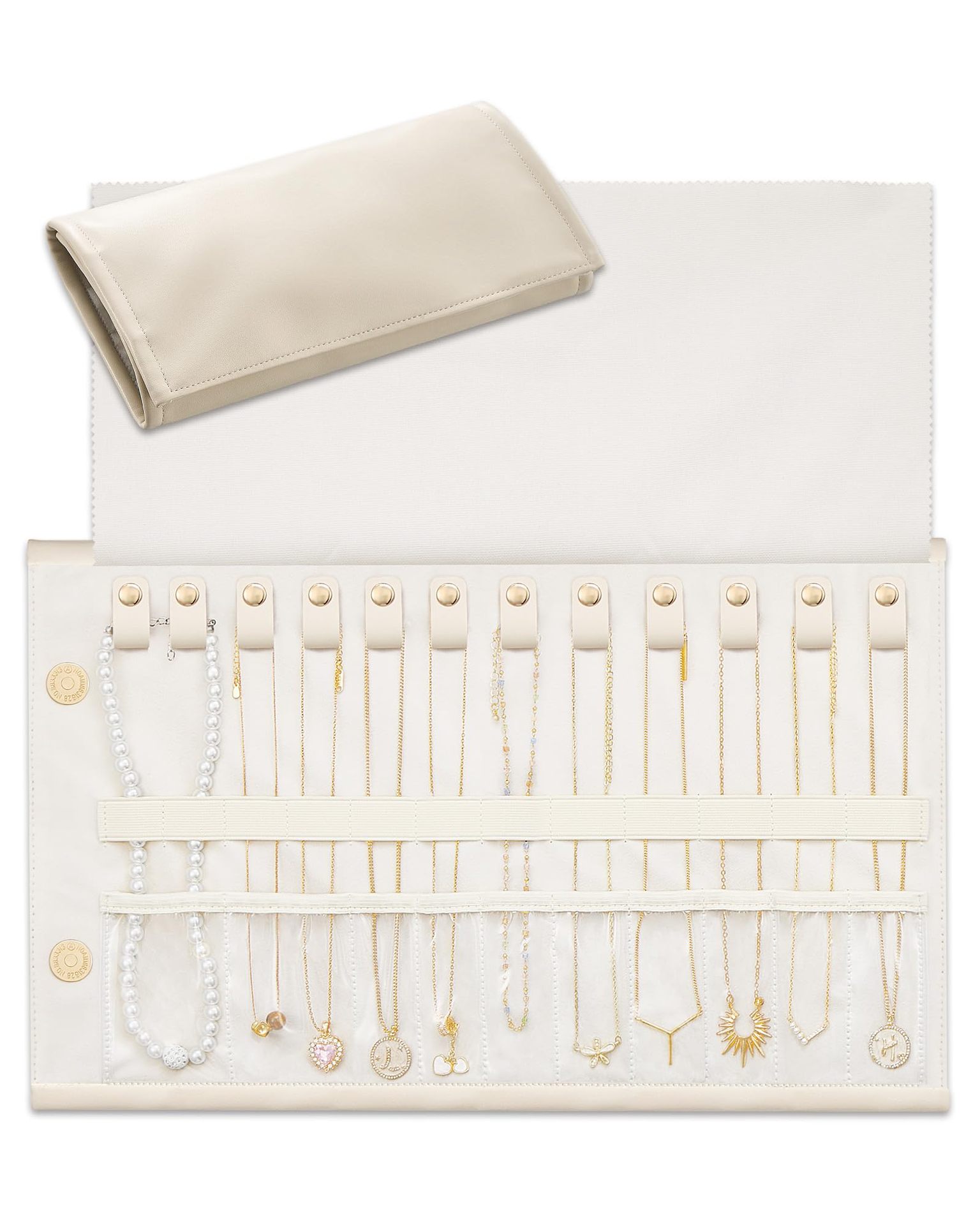 Foldable Leather Necklace Storage Organizer Roll-Up Travel Jewelry Bag