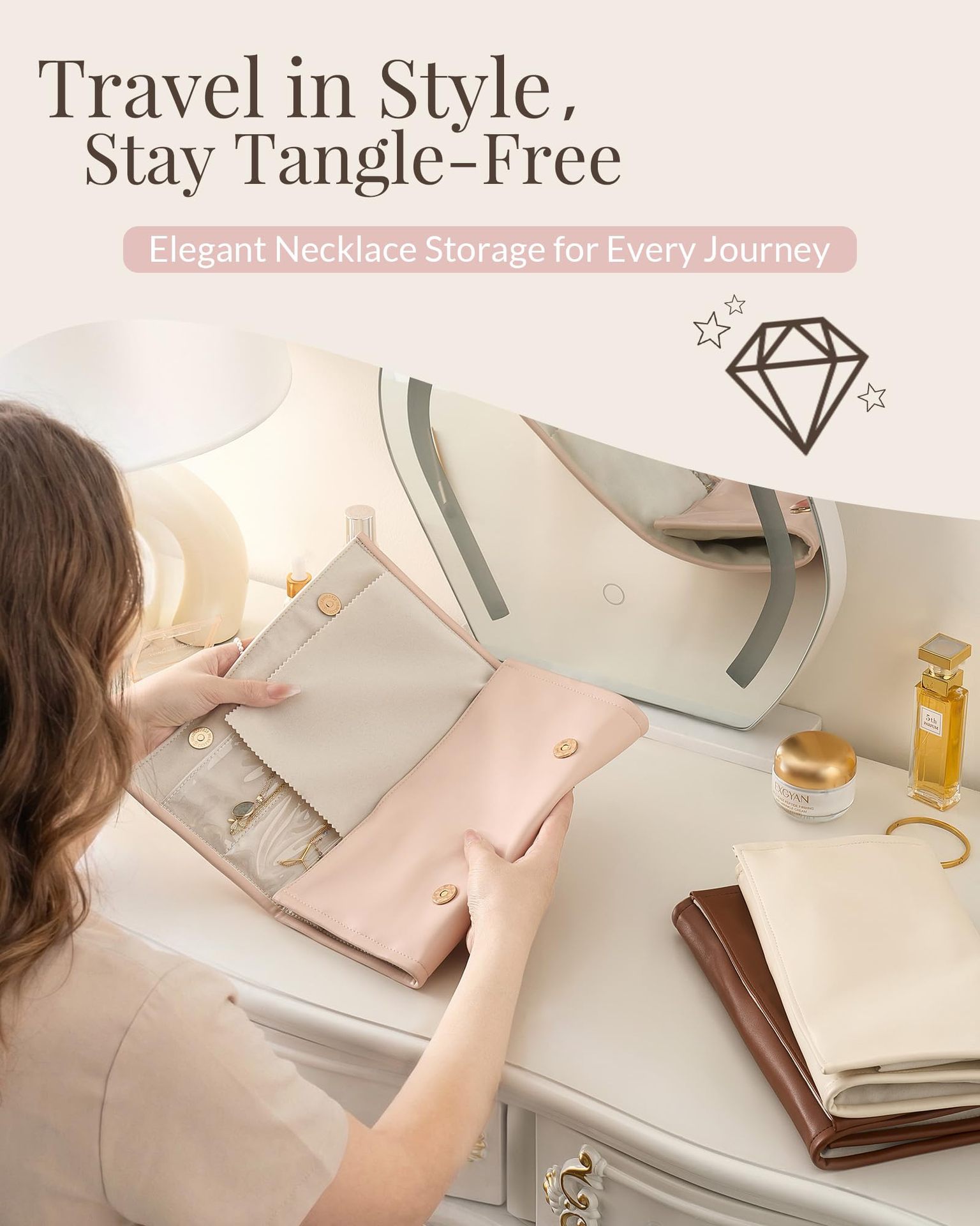 Foldable Leather Necklace Storage Organizer Roll-Up Travel Jewelry Bag