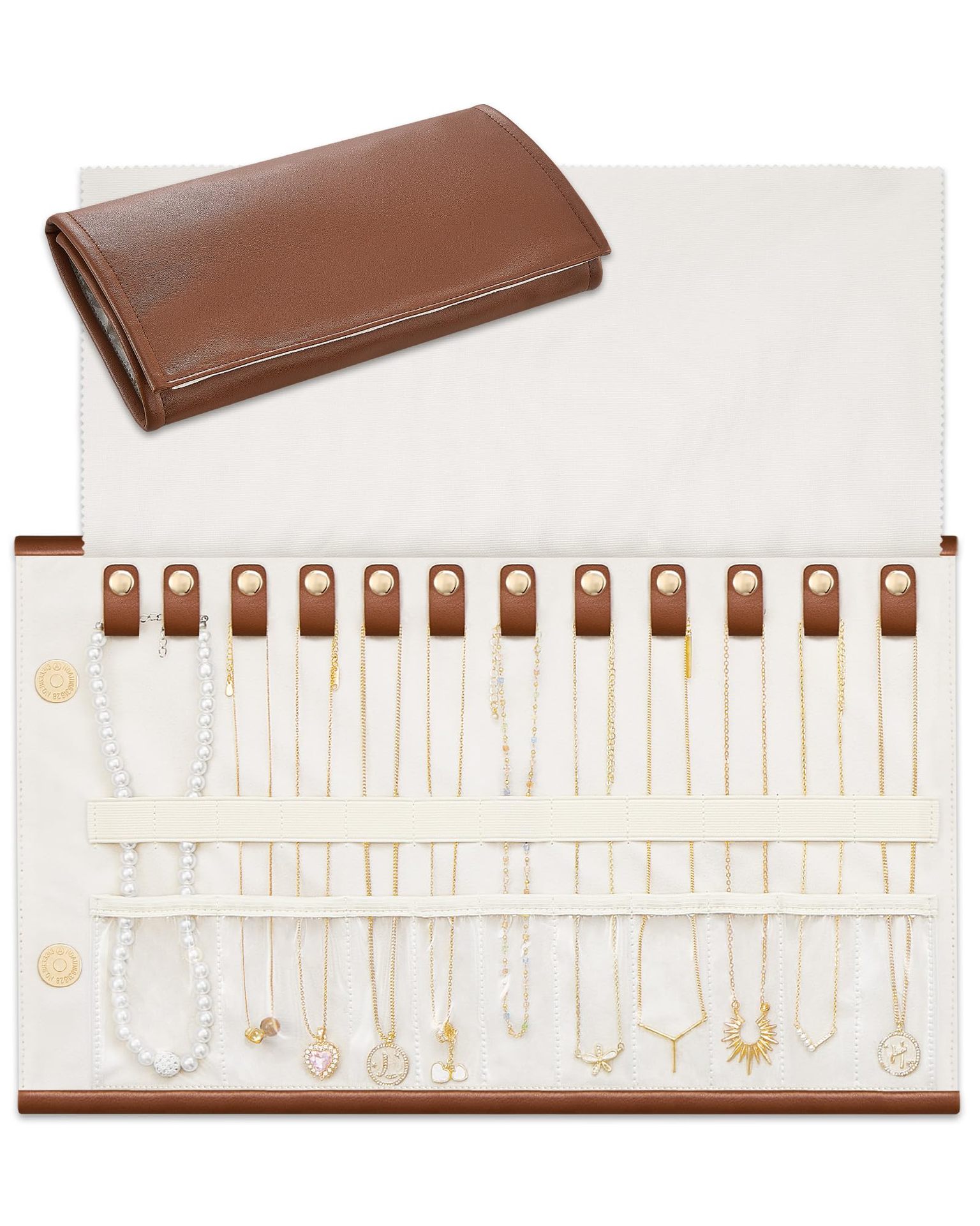 Foldable Leather Necklace Storage Organizer Roll-Up Travel Jewelry Bag