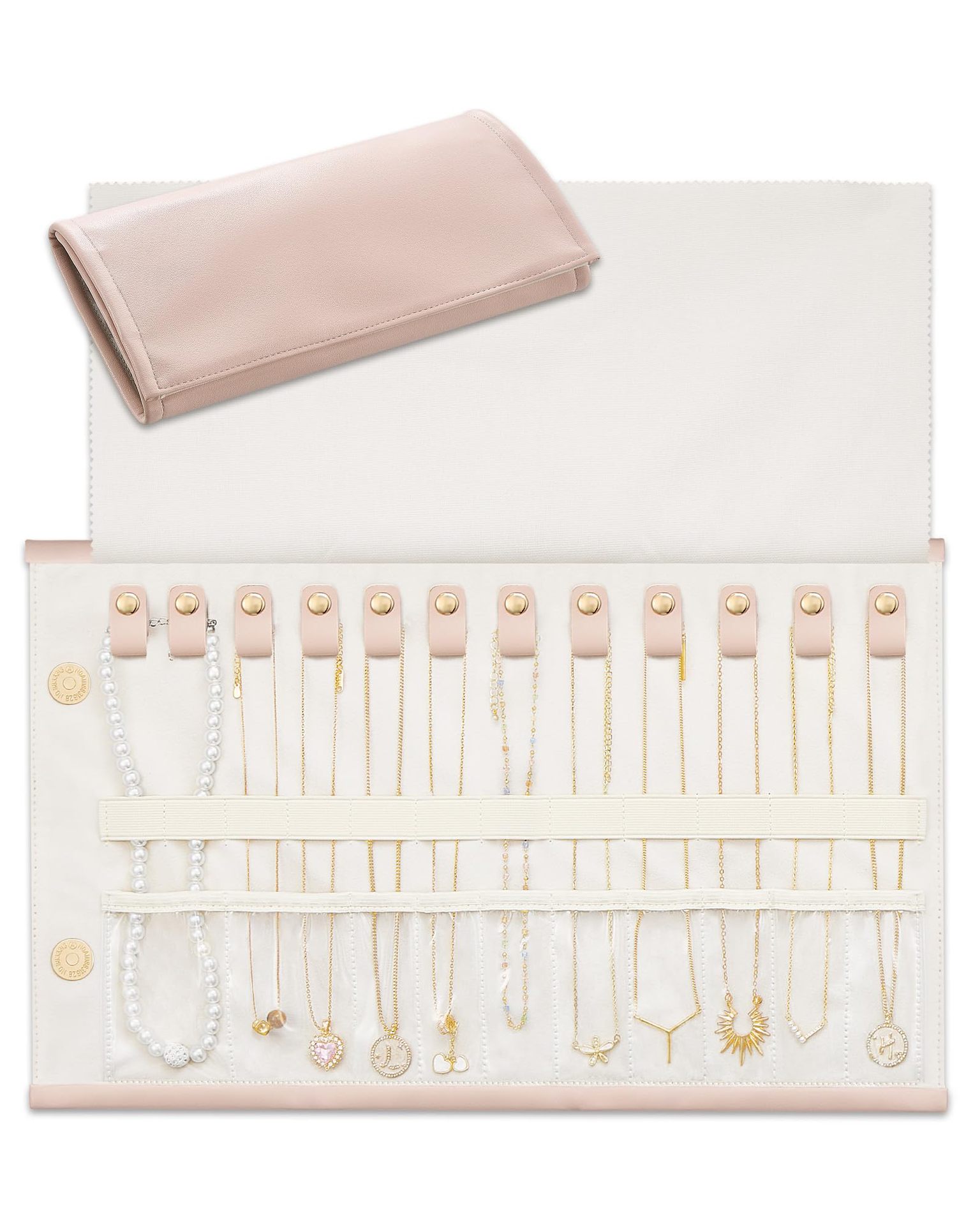 Foldable Leather Necklace Storage Organizer Roll-Up Travel Jewelry Bag