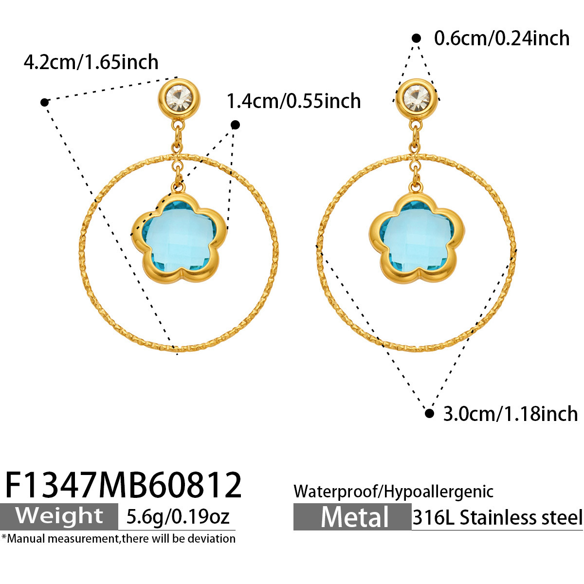 Large circle flower-shaped glass stone long earrings