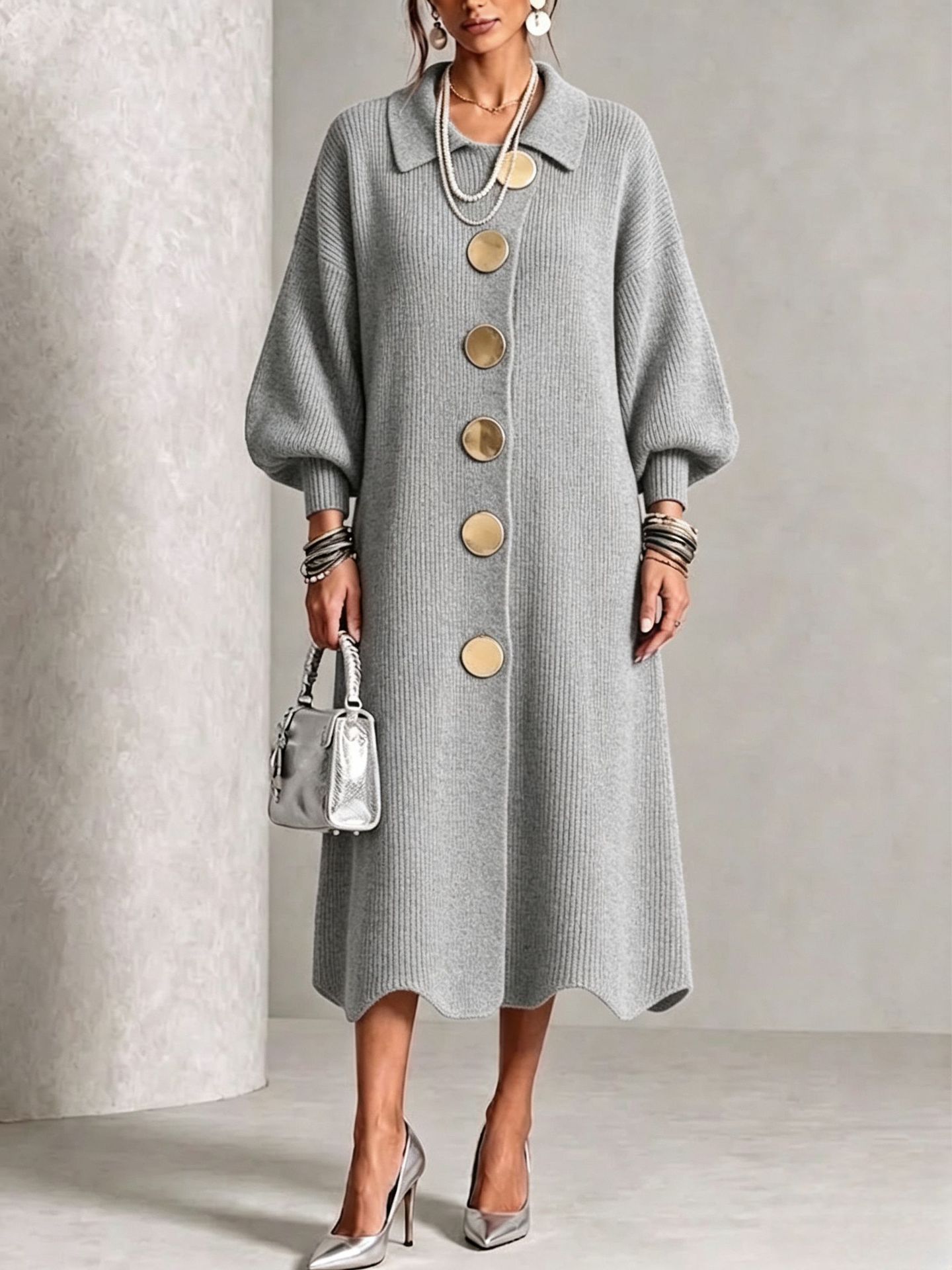 knitted dress with metal buttons