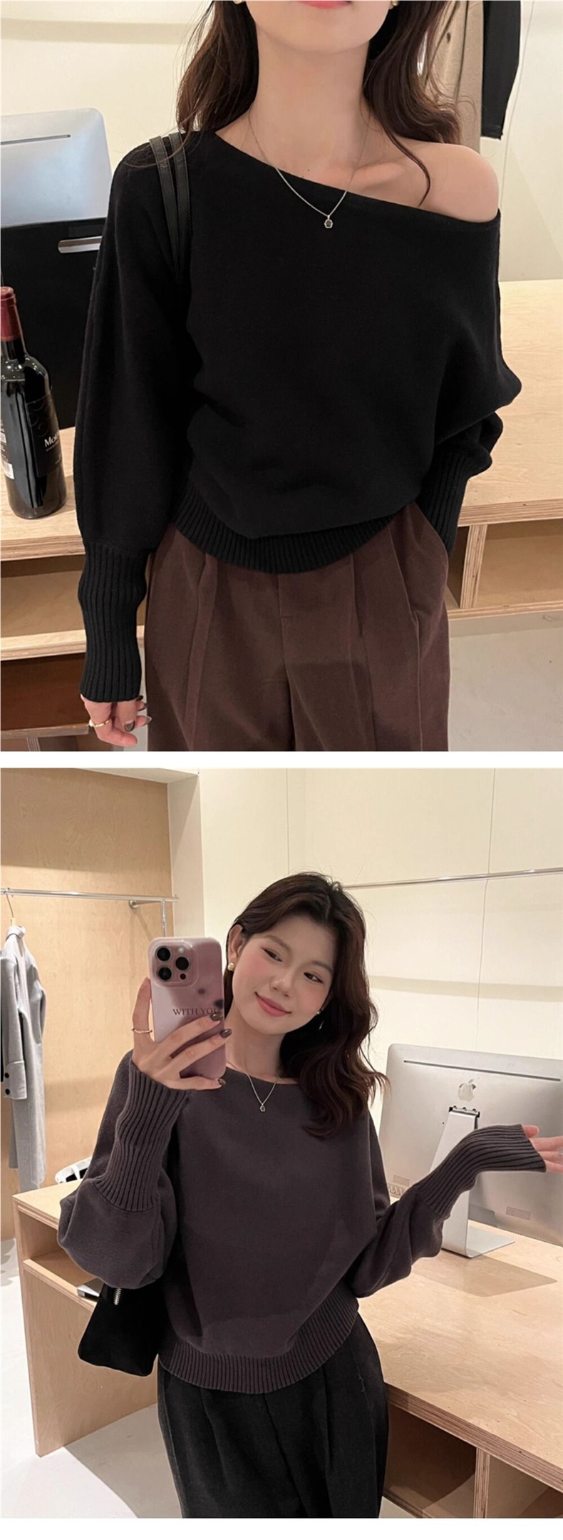 Womens Off-Shoulder Knit Sweater