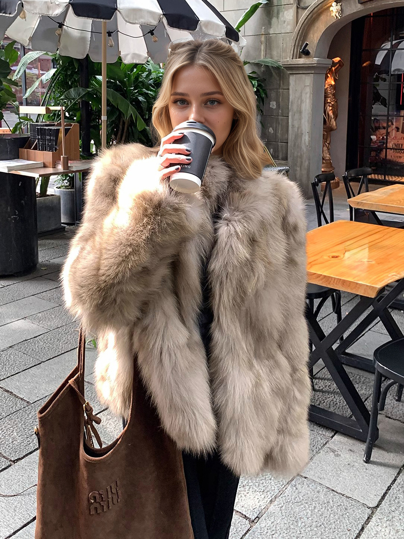 Womens Stand Collar Faux Fur Coat