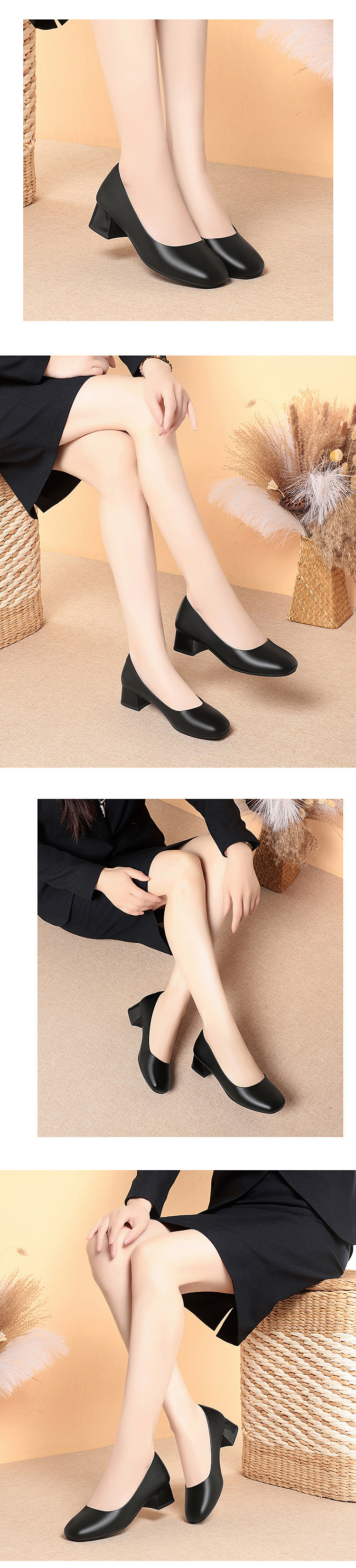 Black Leather Thick Heeled Shoes