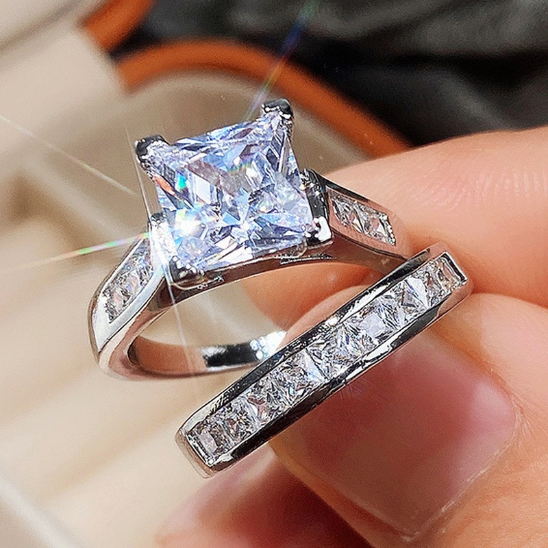 Ladies Square Diamond Zircon Ring Set