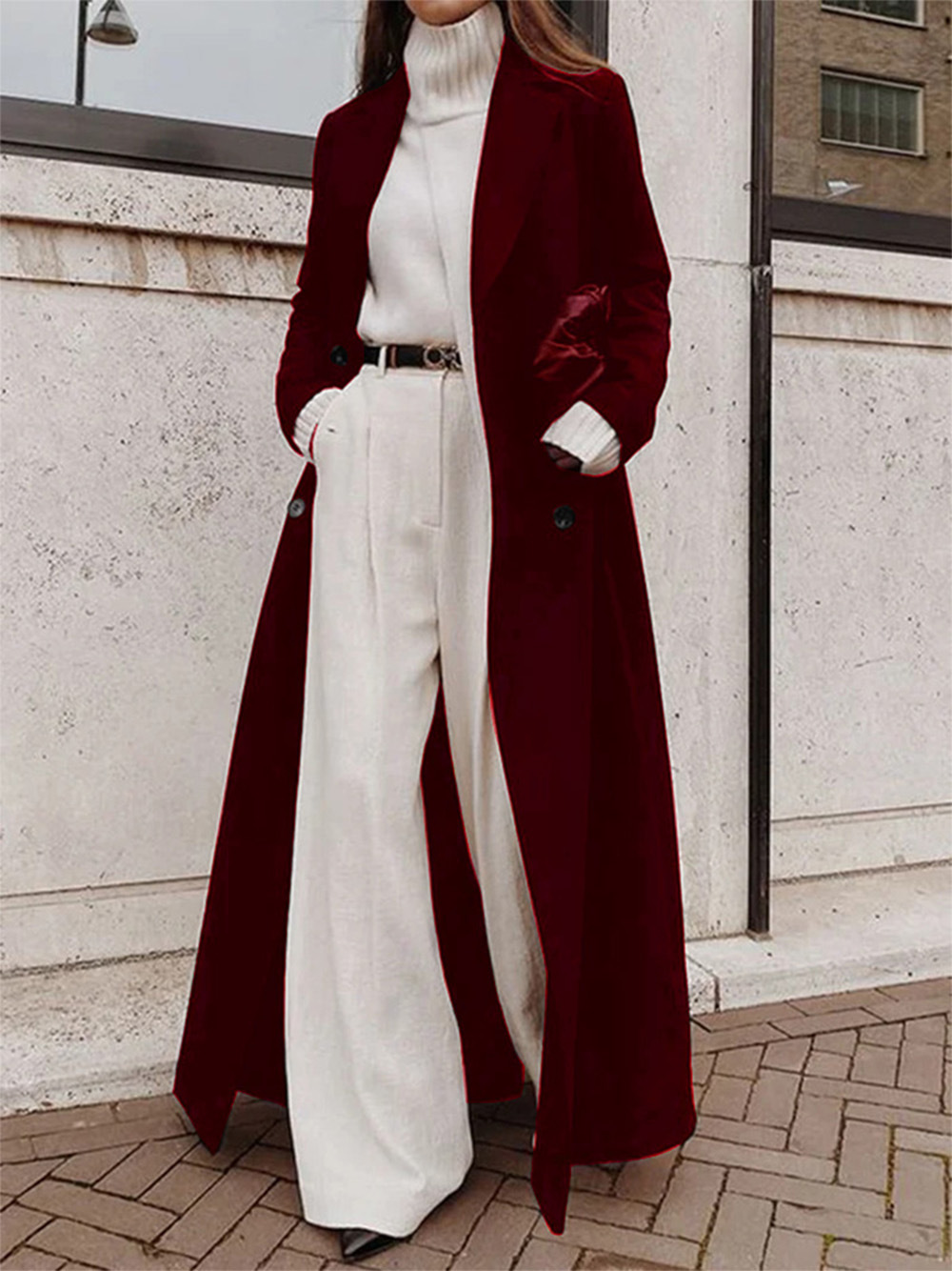 Long Wool Blend Coat with V-Neck