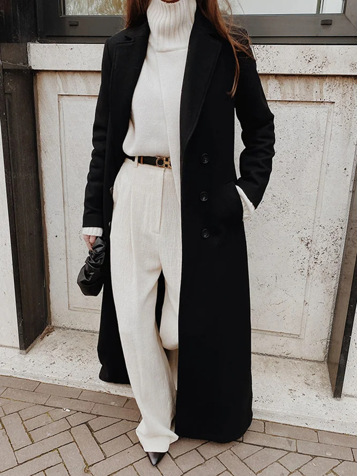 Long Wool Blend Coat with V-Neck