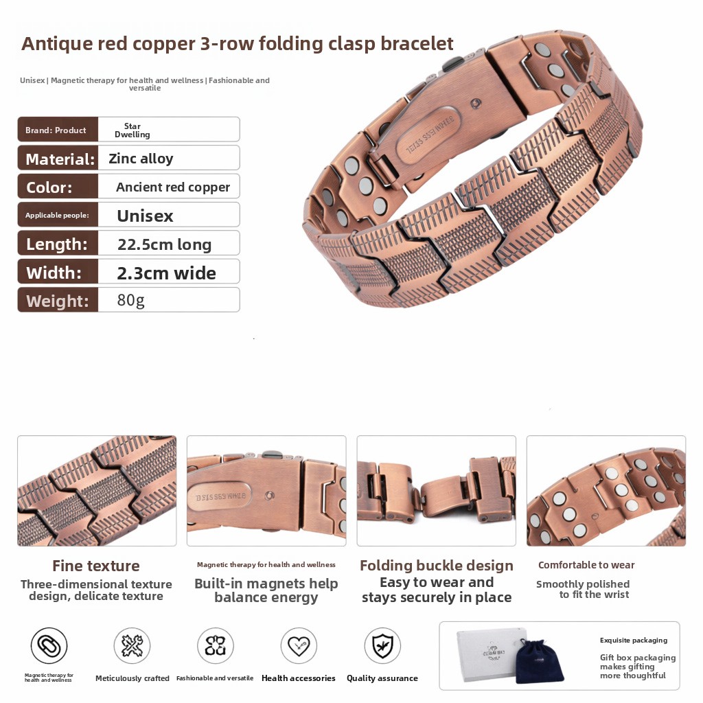Copper three-row magnet bracelet electroplated brushed folding buckle
