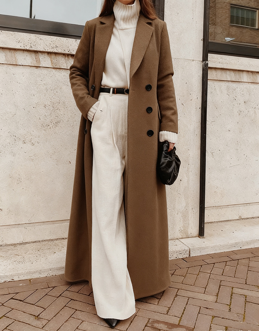 Long Wool Blend Coat with V-Neck