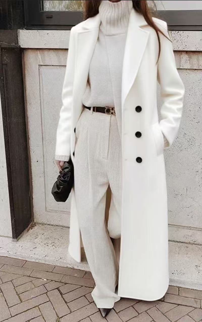 Long Wool Blend Coat with V-Neck