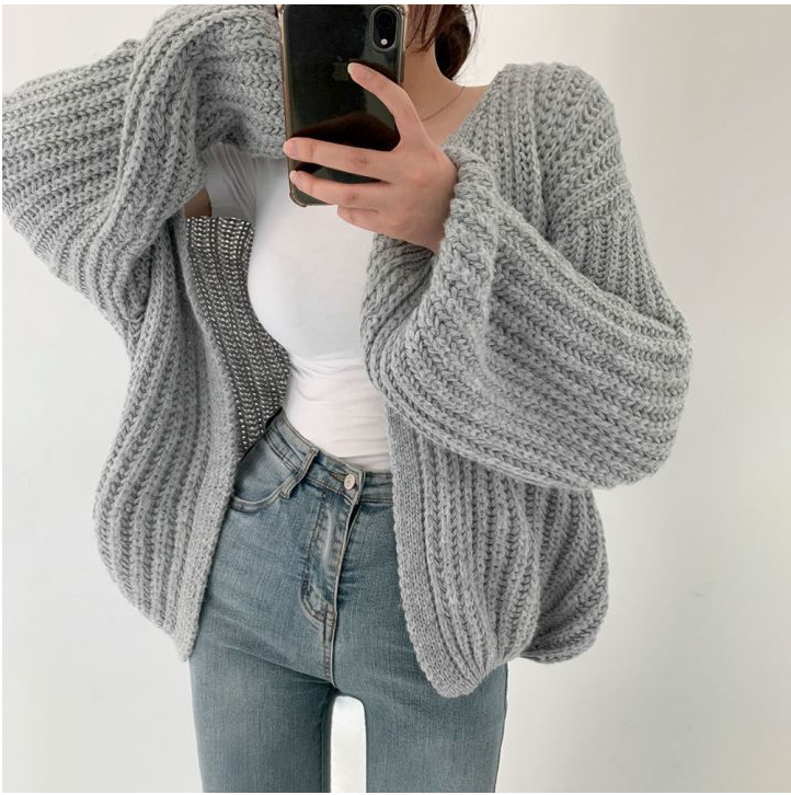 Womens Lantern Sleeve Knitted Cardigan