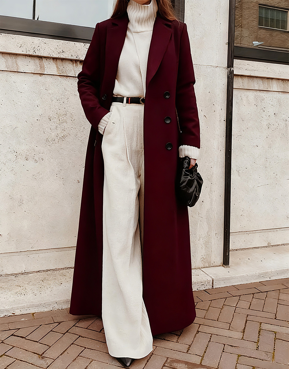 Long Wool Blend Coat with V-Neck