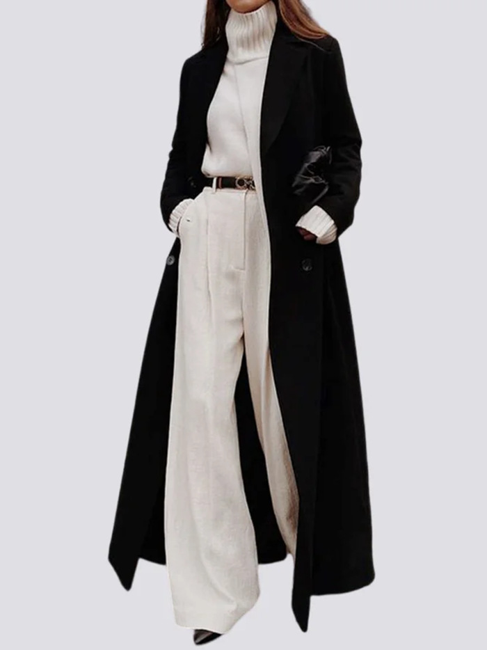Long Wool Blend Coat with V-Neck