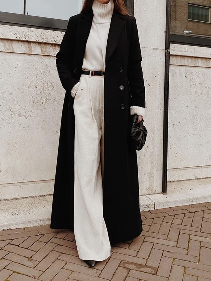 Long Wool Blend Coat with V-Neck