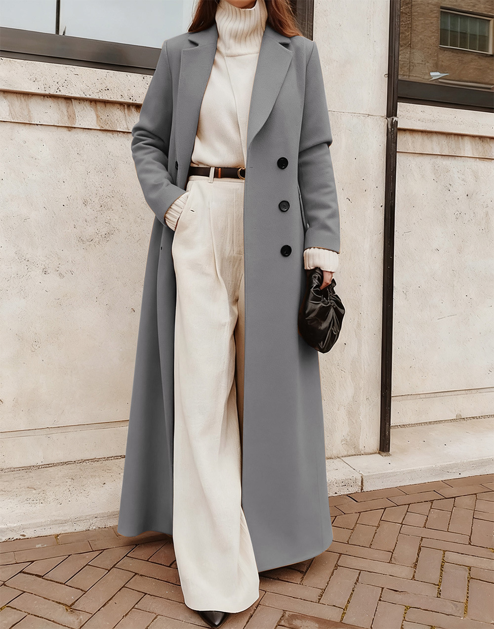Long Wool Blend Coat with V-Neck