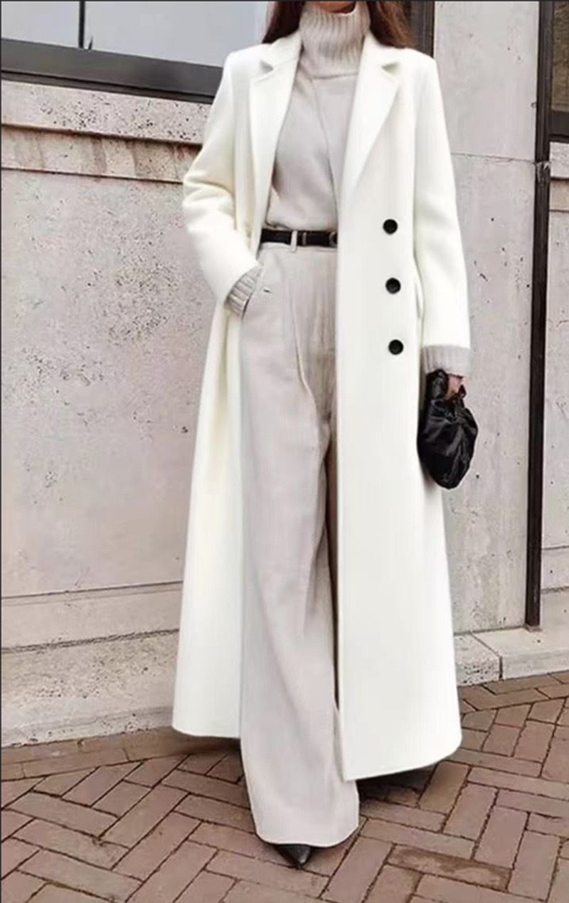 Long Wool Blend Coat with V-Neck