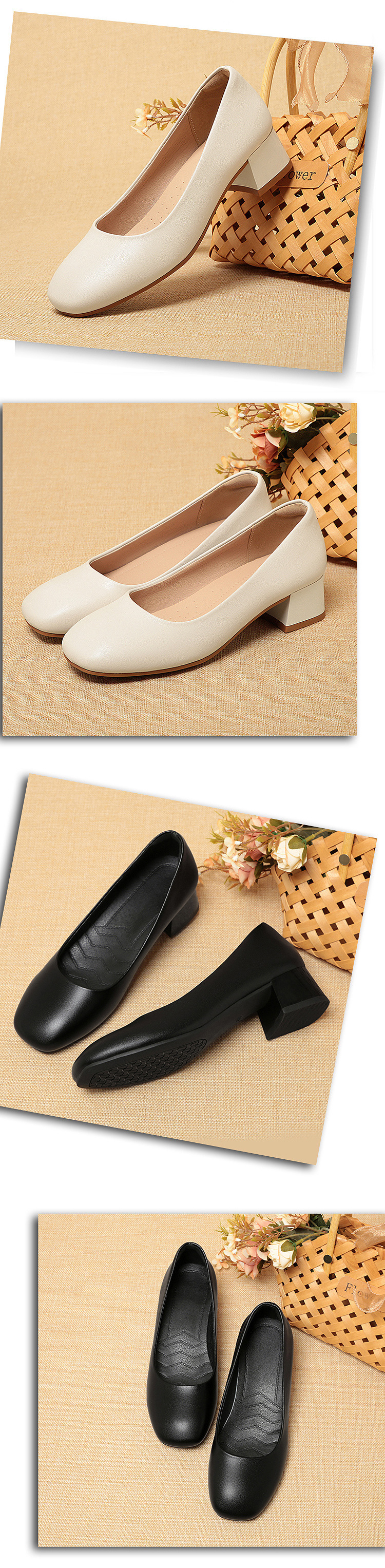 Black Leather Thick Heeled Shoes
