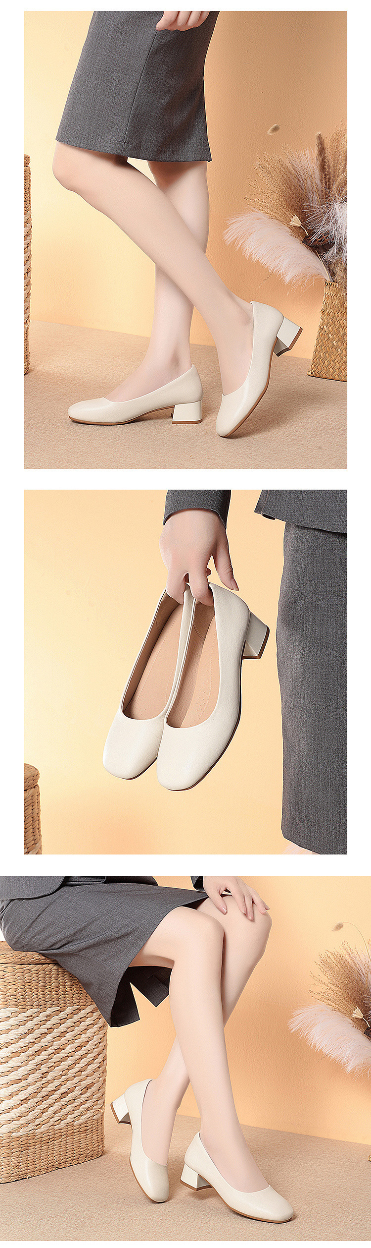 Black Leather Thick Heeled Shoes