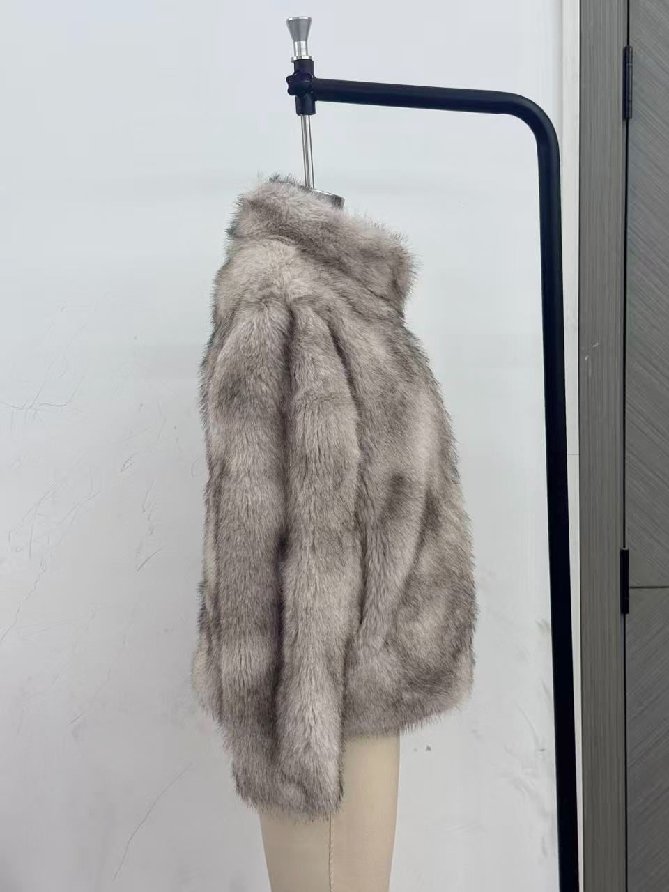 Womens Stand Collar Faux Fur Coat