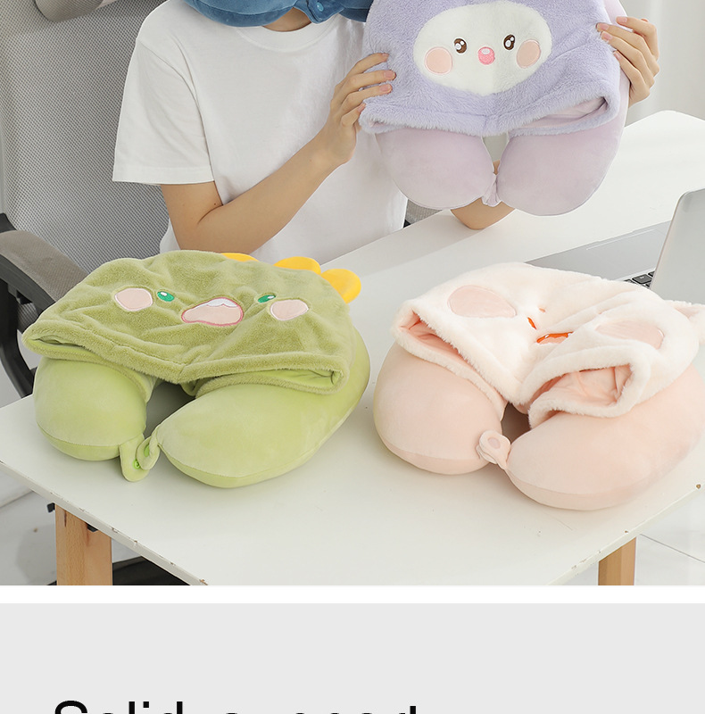 Hooded animal-style travel pillows in green, pink and lavender