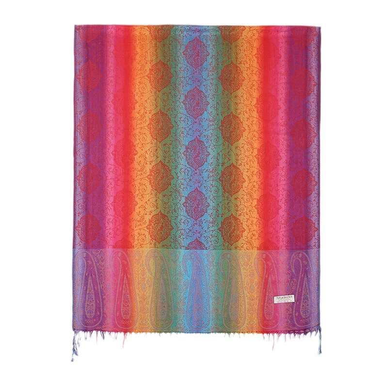 HueWrap scarf laid flat to show its rainbow paisley pattern