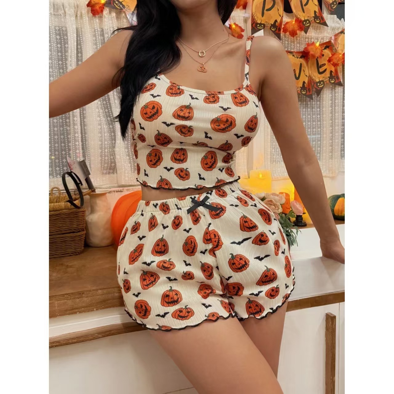 Pumpkin Print Bow Suspender Shorts Homewear Set