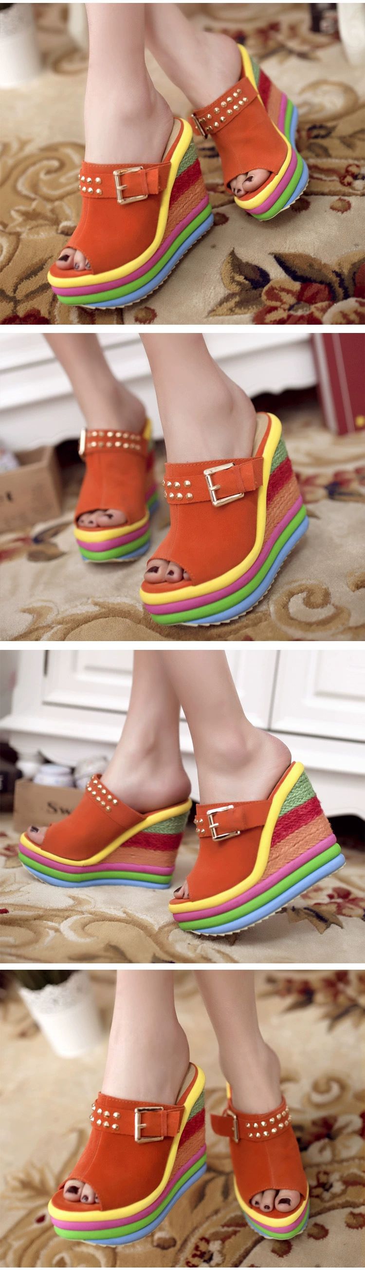 High-heeled platform shoes, genuine leather peep-toe sandals