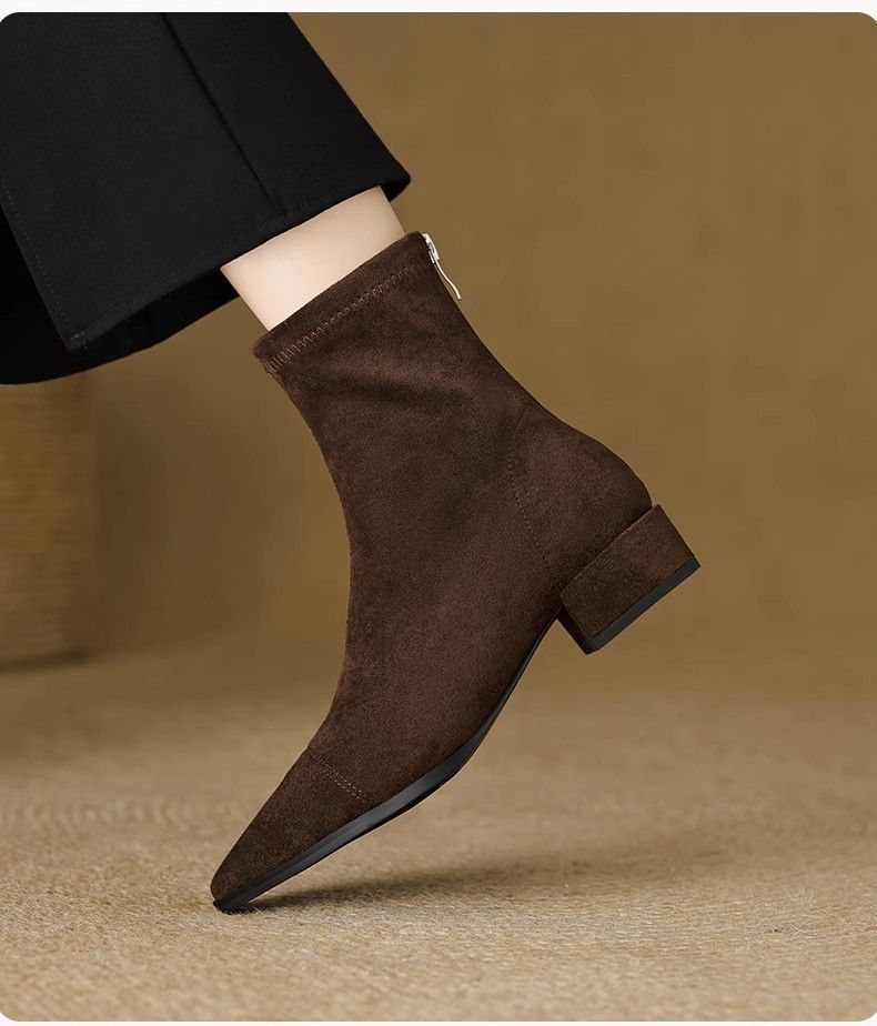 Flat French Point Toe Boots Thick Heeled