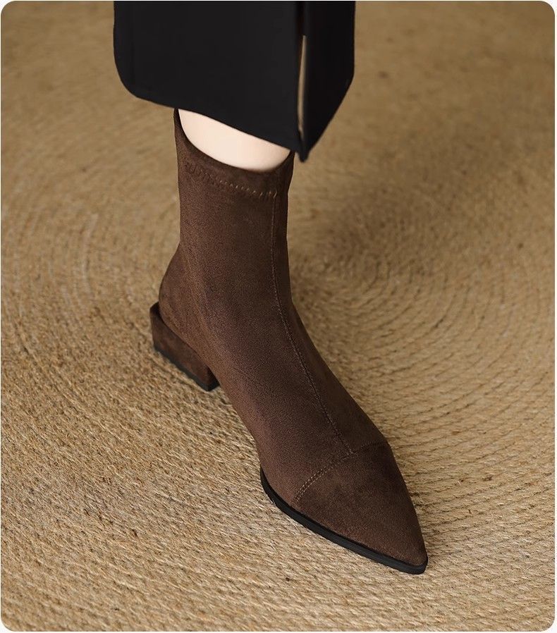 Flat French Point Toe Boots Thick Heeled