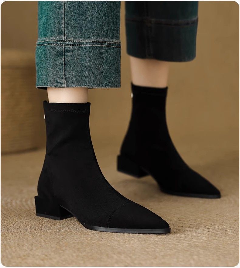 Flat French Point Toe Boots Thick Heeled